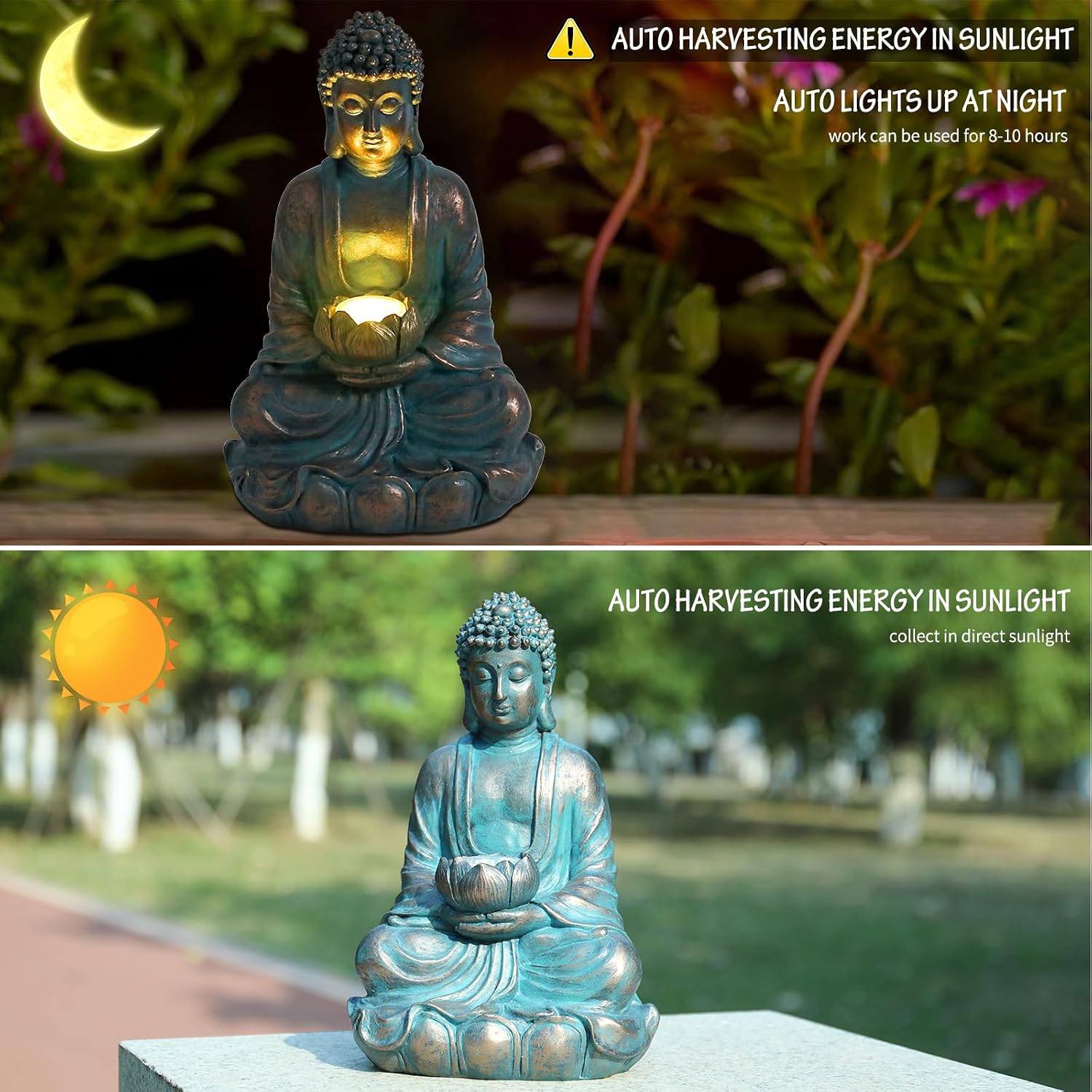 Bshine Buddha Statue Outdoor Solar Light with Lotus Lamp, Zen Garden Decor | Waterproof Buddha Garden Statues with
