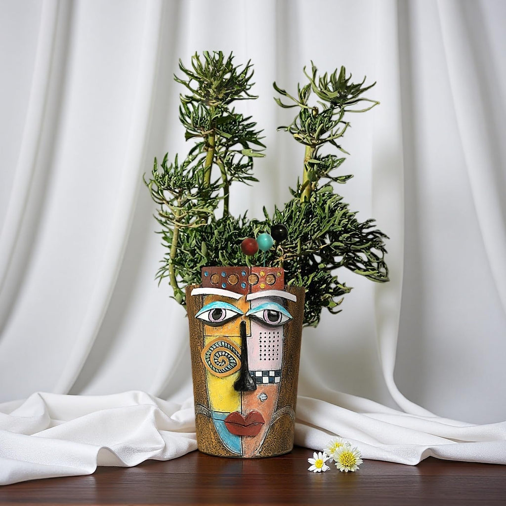 Picasso Abstract Face Flower Pot,Plant Pot with Facial Expressions,Handmade Resin Plant Pot with Drainage Holes,for