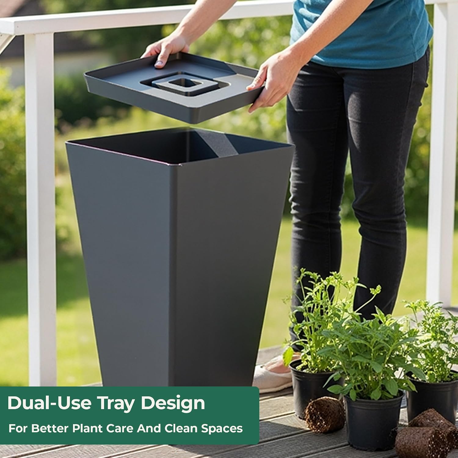 Worth Garden Large 28 in.Tall Planters Set of 2 for Indoor and Outdoor, Heavy Duty Plastic Black Modern Taper Flower