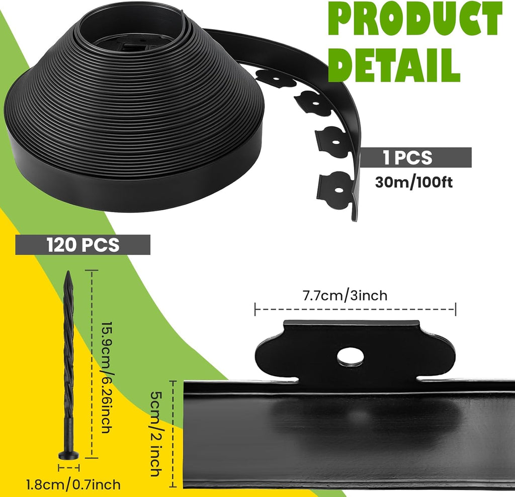 Garden Edging Coil 2" x 100', Landscape Edging Kit with 120 Spikes | Lawn Edging Kit, Garden Landscape Edging Kit