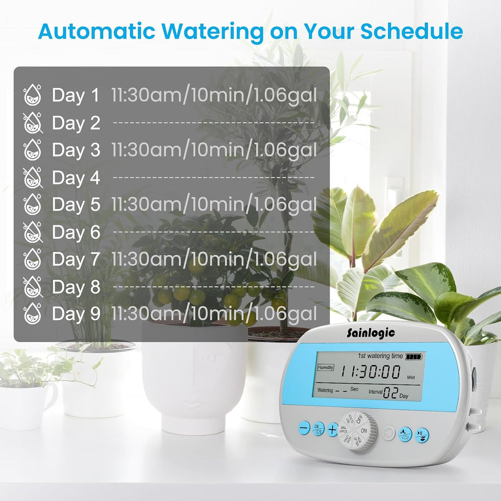 Sainlogic Automatic Plant Waterer for 15 Potted Plants, Self-Watering System with Humidity Monitor Display, Deep Root