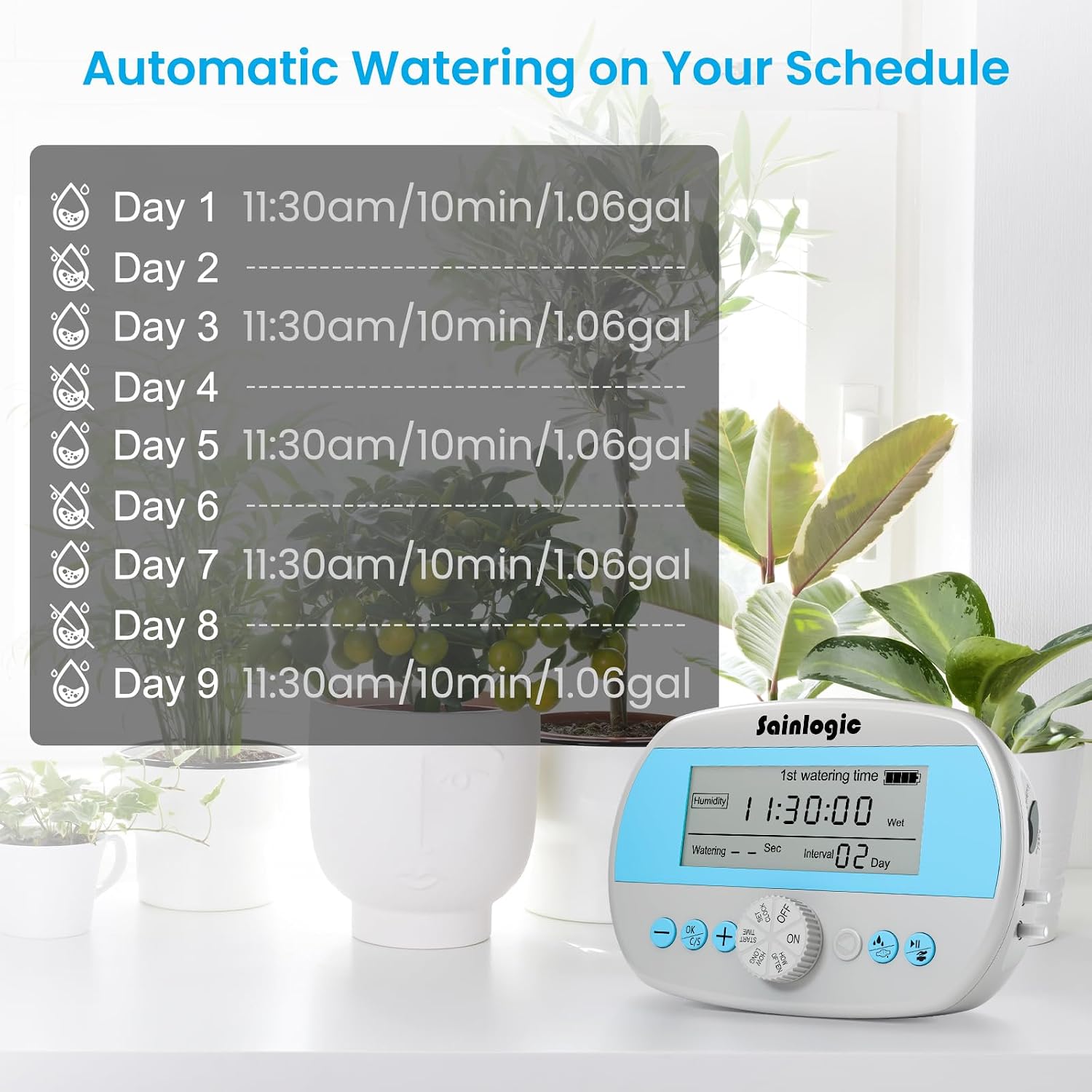 Sainlogic Automatic Plant Waterer for 15 Potted Plants, Self-Watering System with Humidity Monitor Display, Deep Root