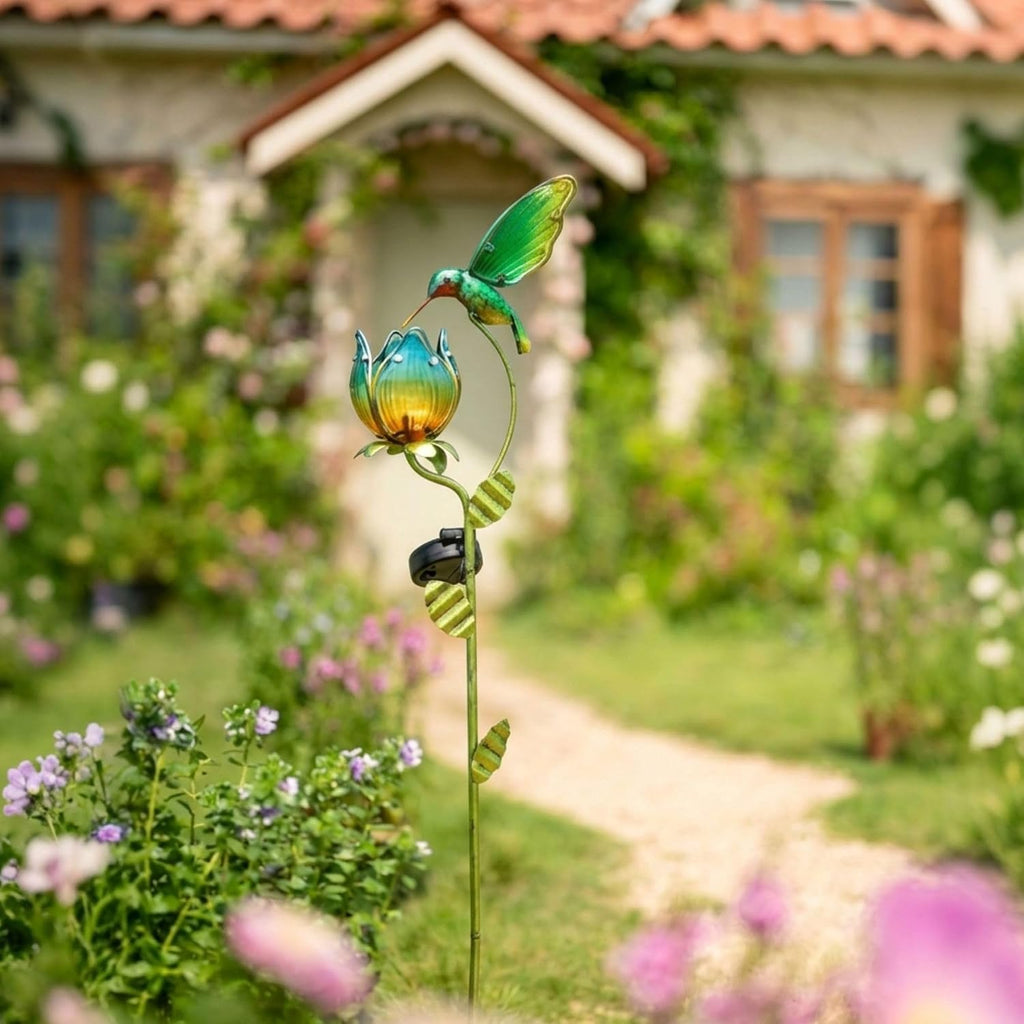 TERESA'S COLLECTIONS Glass Flower Bird Pathway Solar Outdoor Light for Garden Decor, 39'' Tulip and Hummingbird Metal