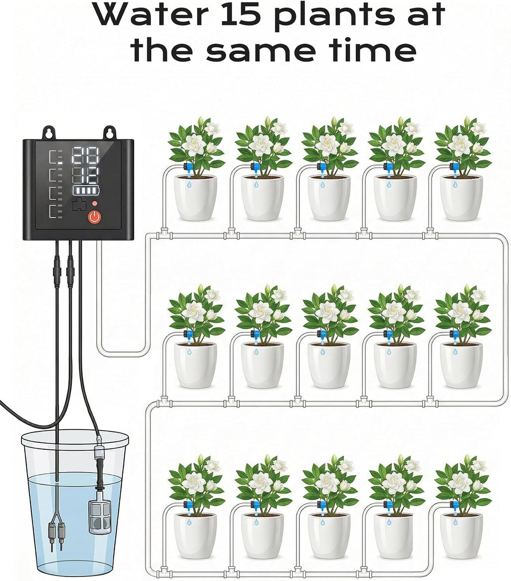 49ft Solar Drip Irrigation System with USB Charging for 15 Potted Plants | Plant Watering Devices, Automatic Watering