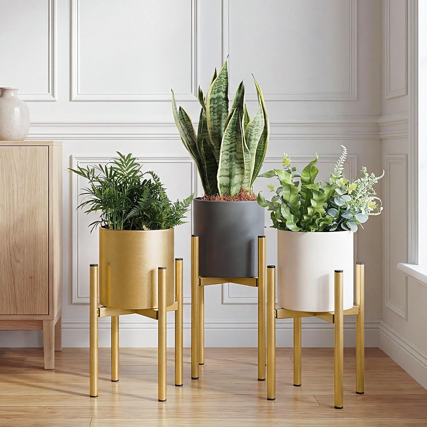 Gold Metal Plant Pot with Drainage Hole, 7 Inch Mid Century Modern Small Pot Indoor Outdoor Planters for Succulents