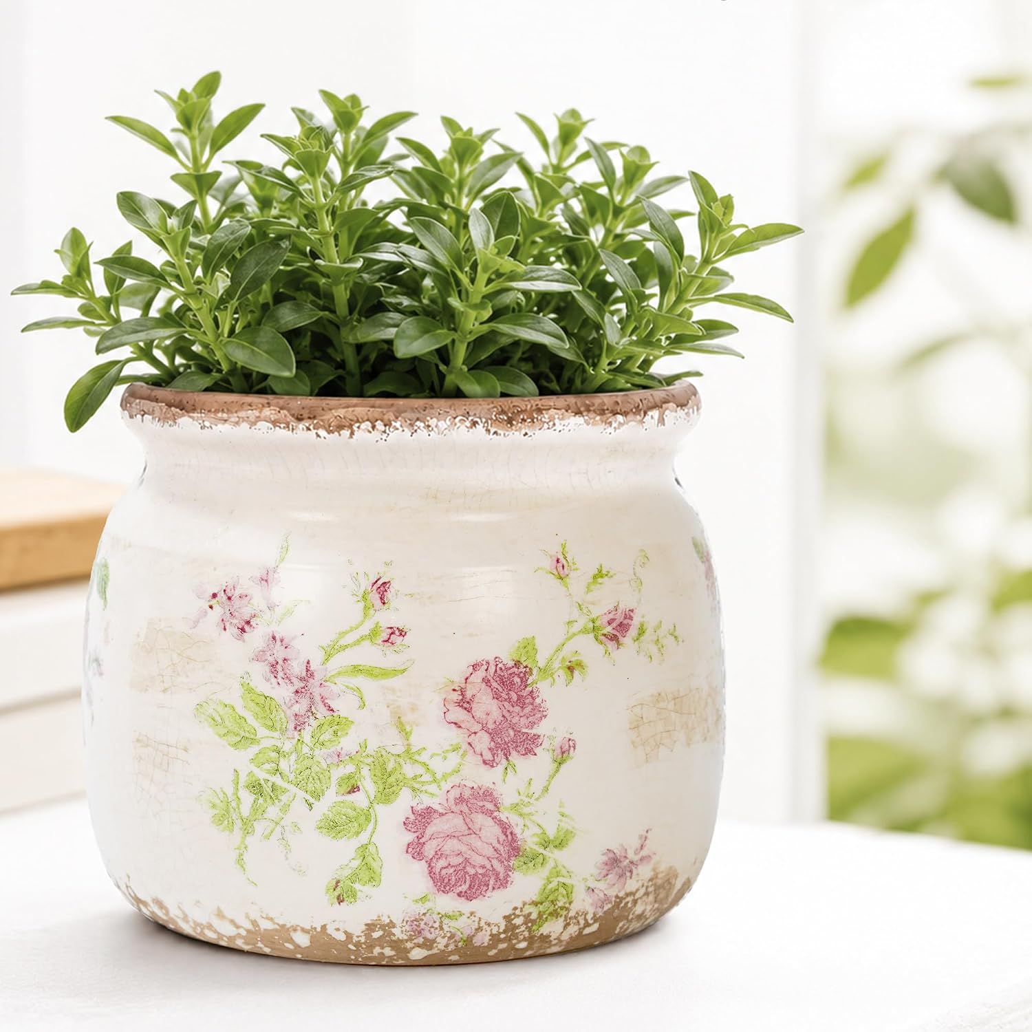 Dosayes Vintage Plant Pot, Pink, 6.29 inch Ceramic Flower Pot | Rustic Floral Design with Crackle Glazed, Farmhouse