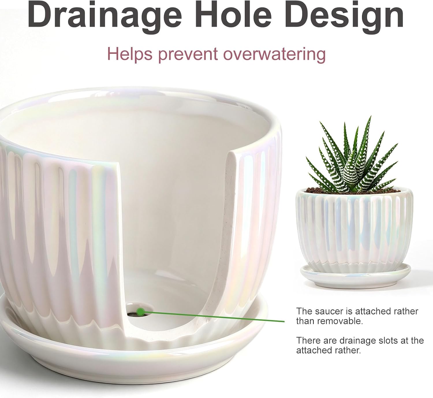 Plant Pots,Ceramic Flower Pots with Drainage Holes & Saucer Set of 3（Pearl） | Pots for Indoor Plants | Decorative
