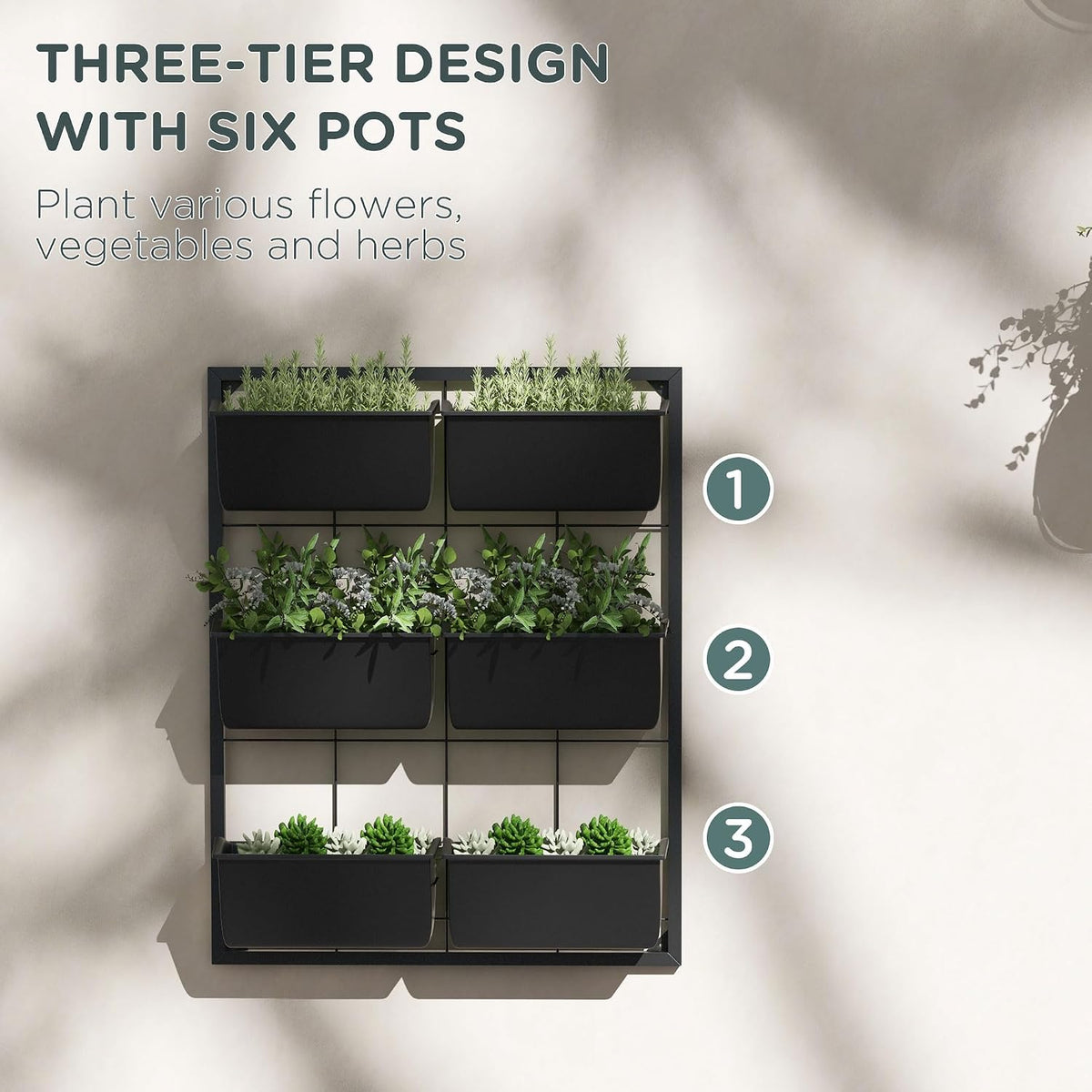 Outsunny 3-Tier Wall Planter w/ 6 Pots, Outdoor Hanging Planter, Black | Indoor Outdoor Use, Self-Draining