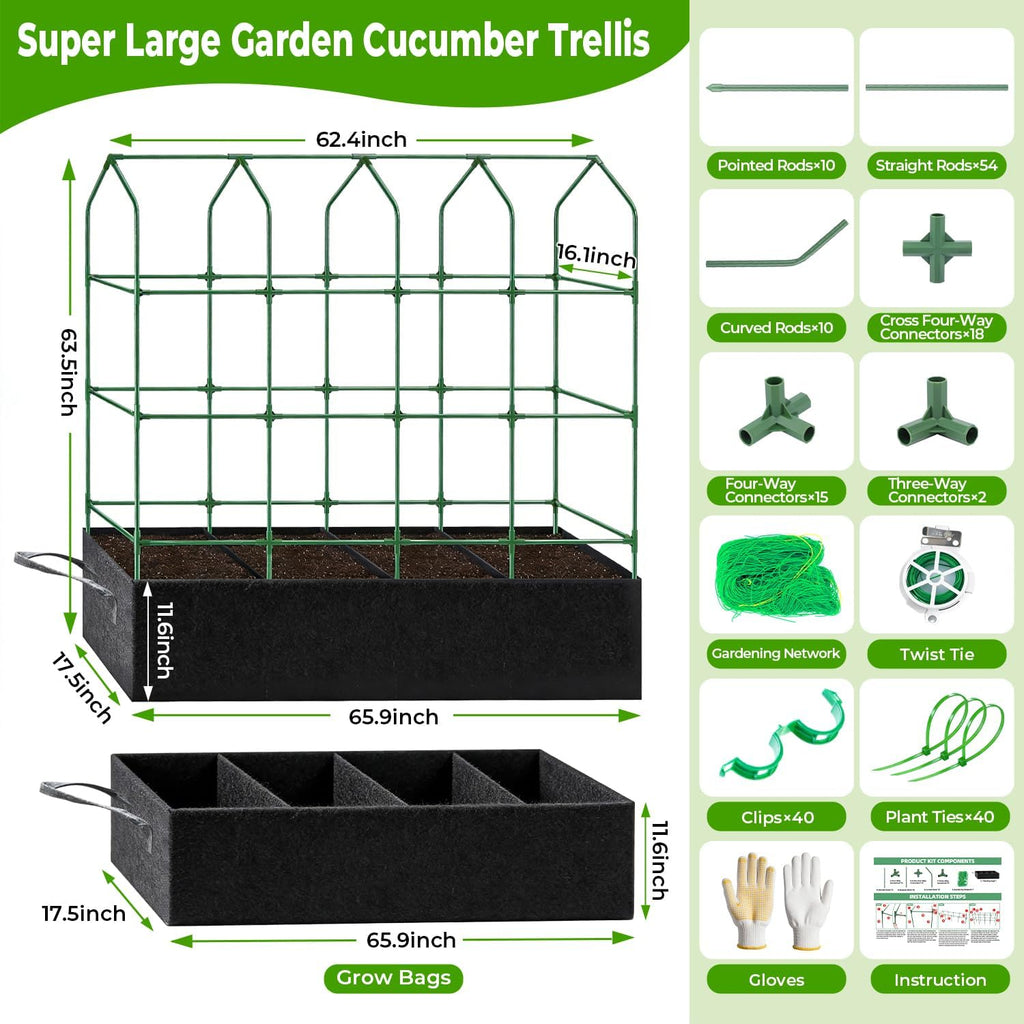 Large Cucumber Trellis for Climbing Plants Outdoor with Grow Bag,67" Tall Metal U-Frame Plant Trellis for Cucumber with