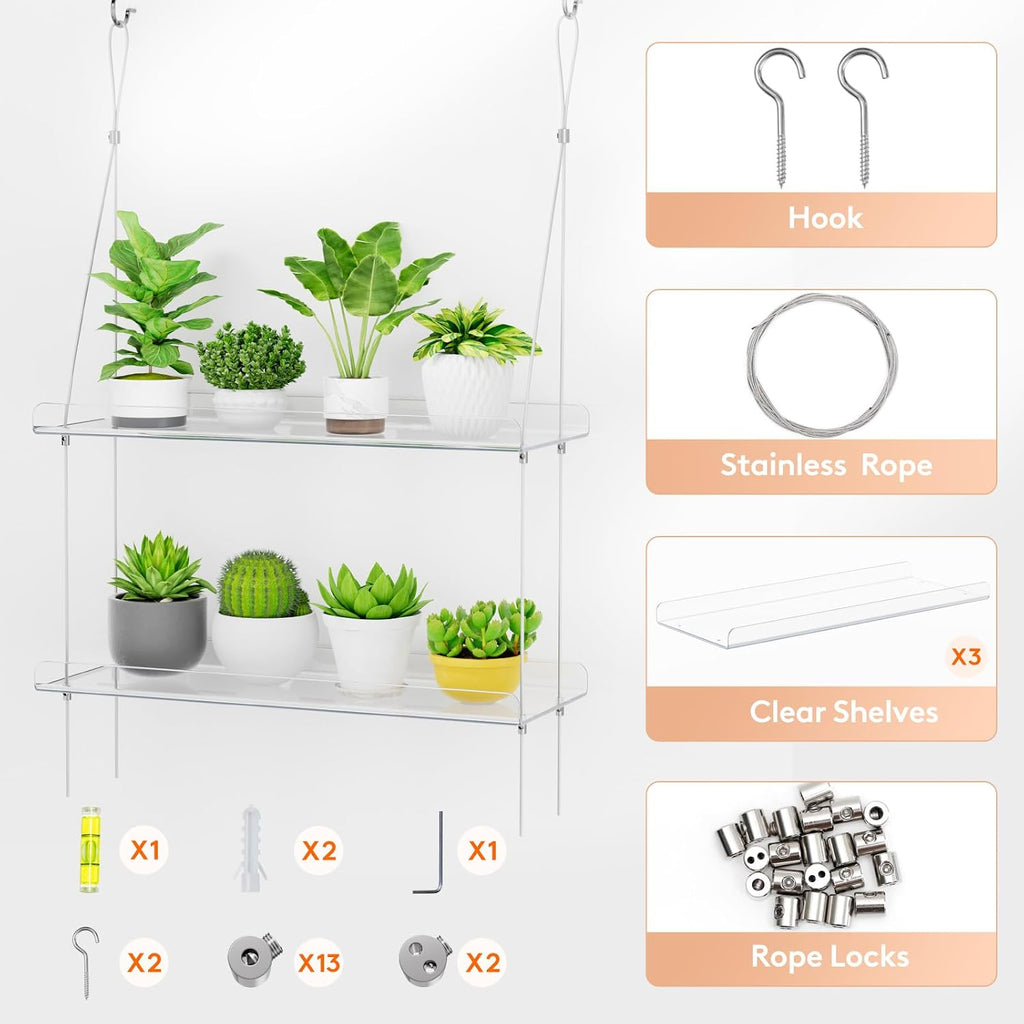 Lifewit 3-Tier Window Plant Shelves, 15" Acrylic Adjustable Hanging Shelf | Versatile Hanger for Small Plants or