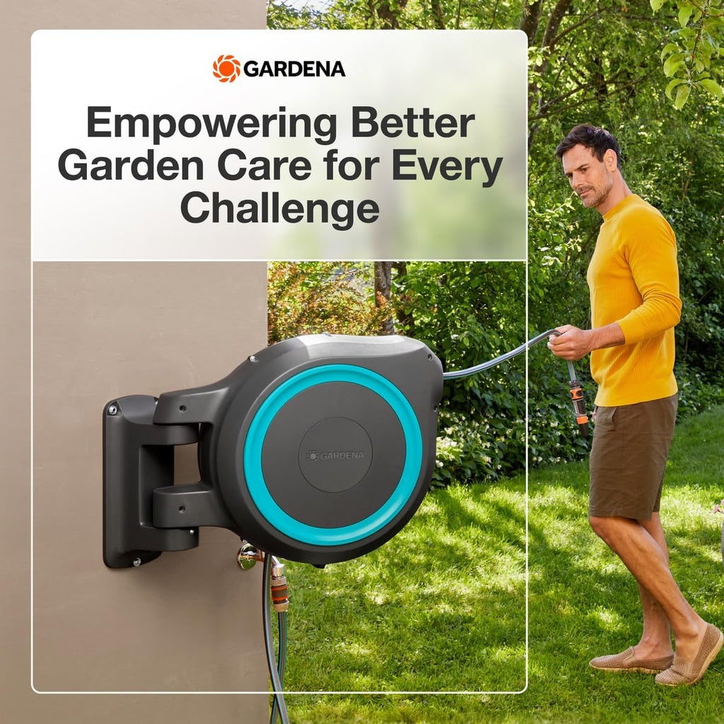 GARDENA Retractable Garden Hose Reel - 115 Feet - Auto Retract Hose Reel with 180° Swivel Wall Mount - Heavy Duty