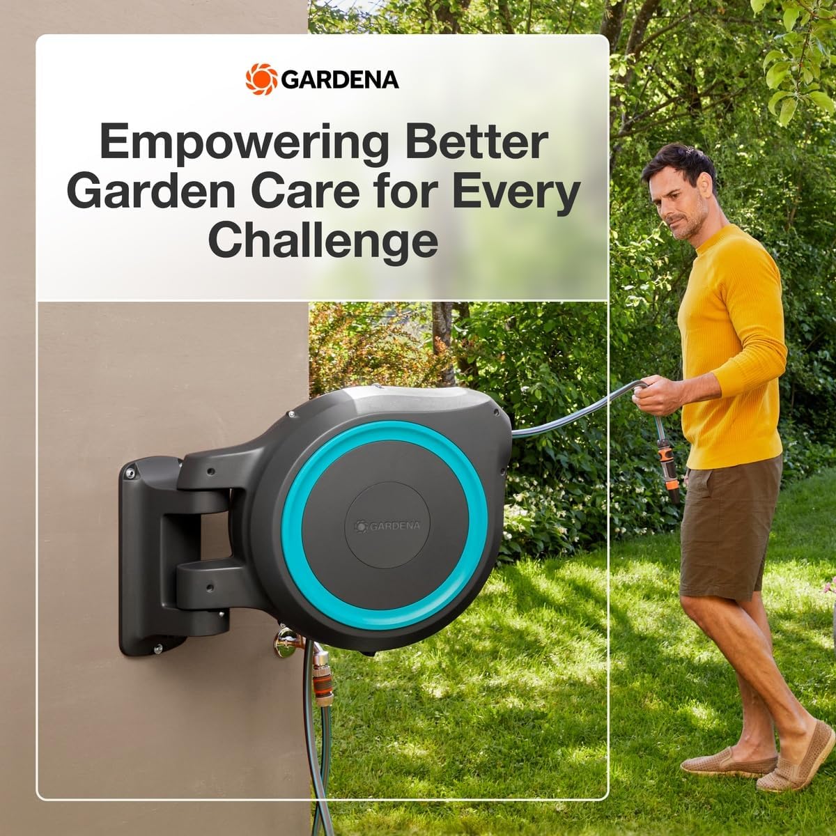 GARDENA Retractable Garden Hose Reel - 115 Feet - Auto Retract Hose Reel with 180° Swivel Wall Mount - Heavy Duty