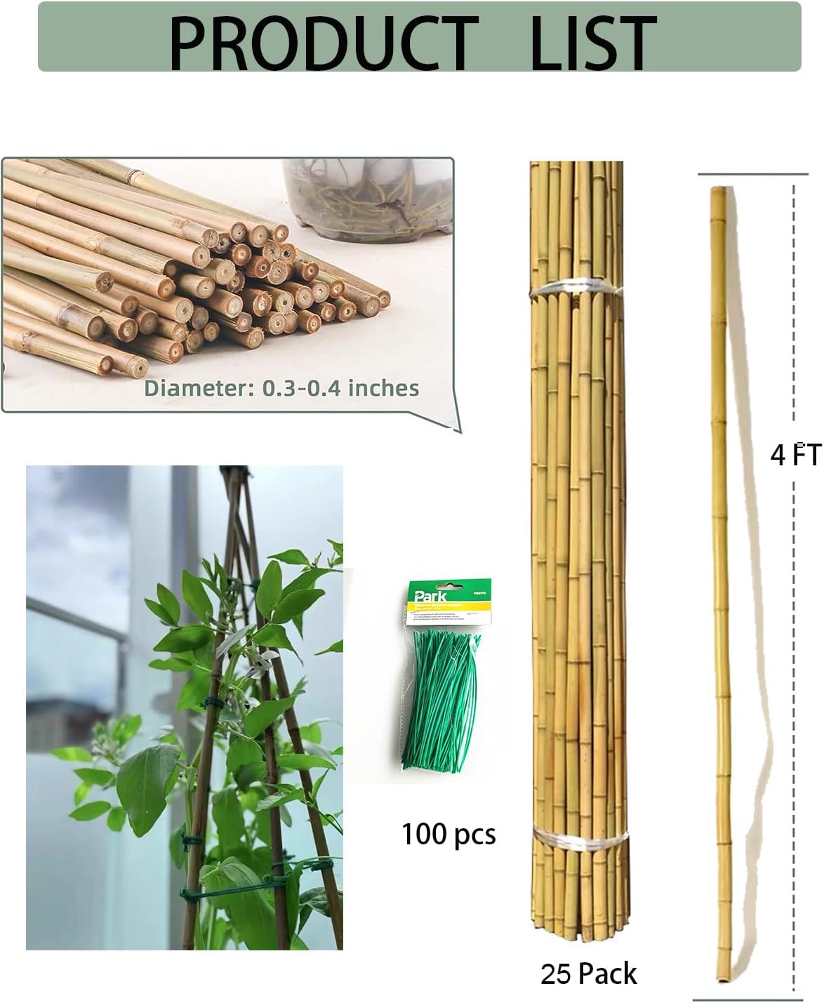 4 Ft Bamboo Stakes with 100 Twist Ties Natural Bamboo Garden Stakes for Tomatoes Cucumber Grapes Pole Beans Trees