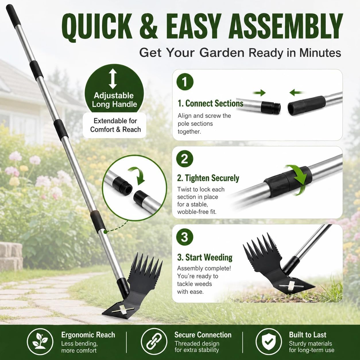 Weed Puller Tool with Long Handle, 60'' Adjustable Long Manual Weeder Remover Tool，2 in 1 Weed Rake and Gardening