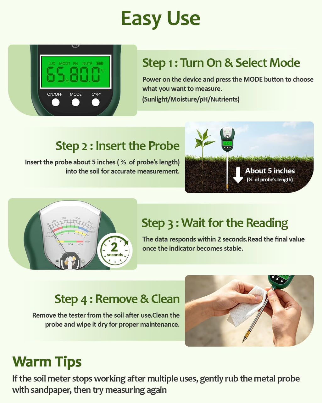 7-in-1 Soil Test Kit, Soil Moisture Meter/pH Meter/Light Intensity/Fertility/Air & Soil Hygrometer Temperature with