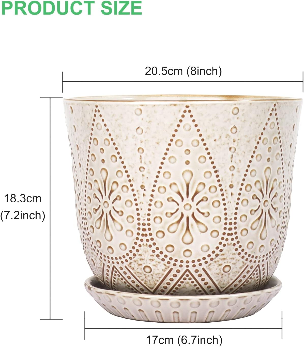 Gepege 8 Inch White Ceramic Plant Pot with Drainage & Saucer | Large ceramic plant pot with drainage hole, ceramic