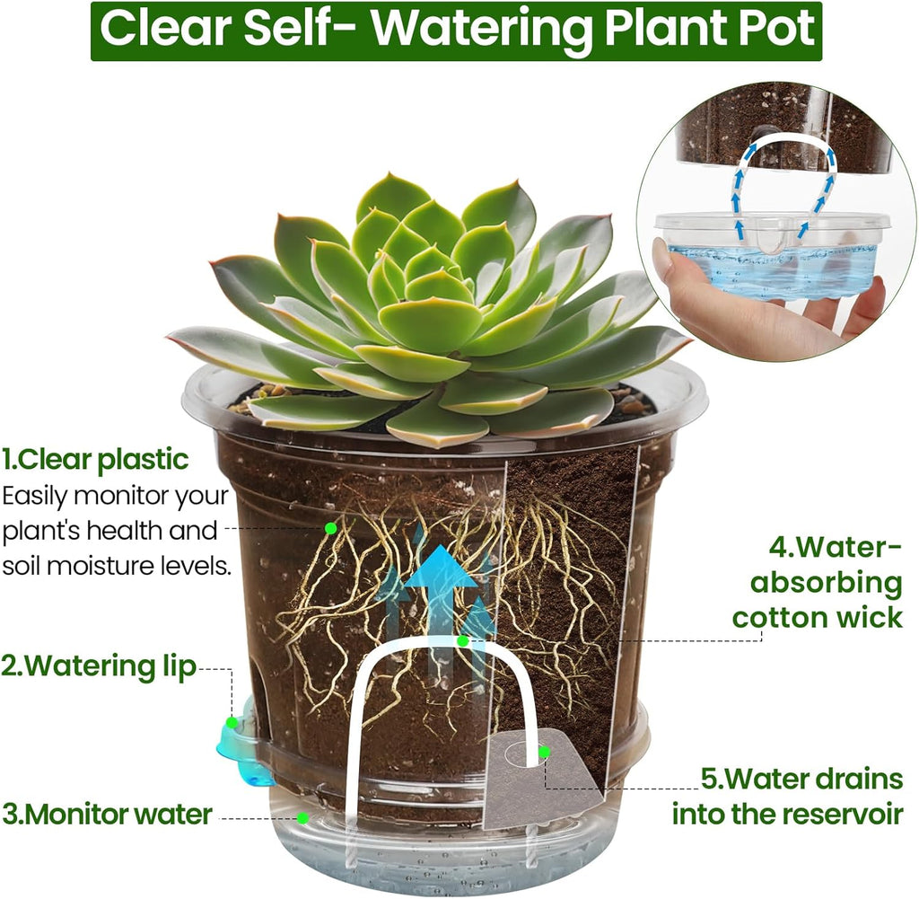 Bluepro Self Watering Pots for Indoor Plants, 4/5/6.5 Inch, 18-Pack | Clear Plastic, 6 Each of Three Sizes, Reservoir