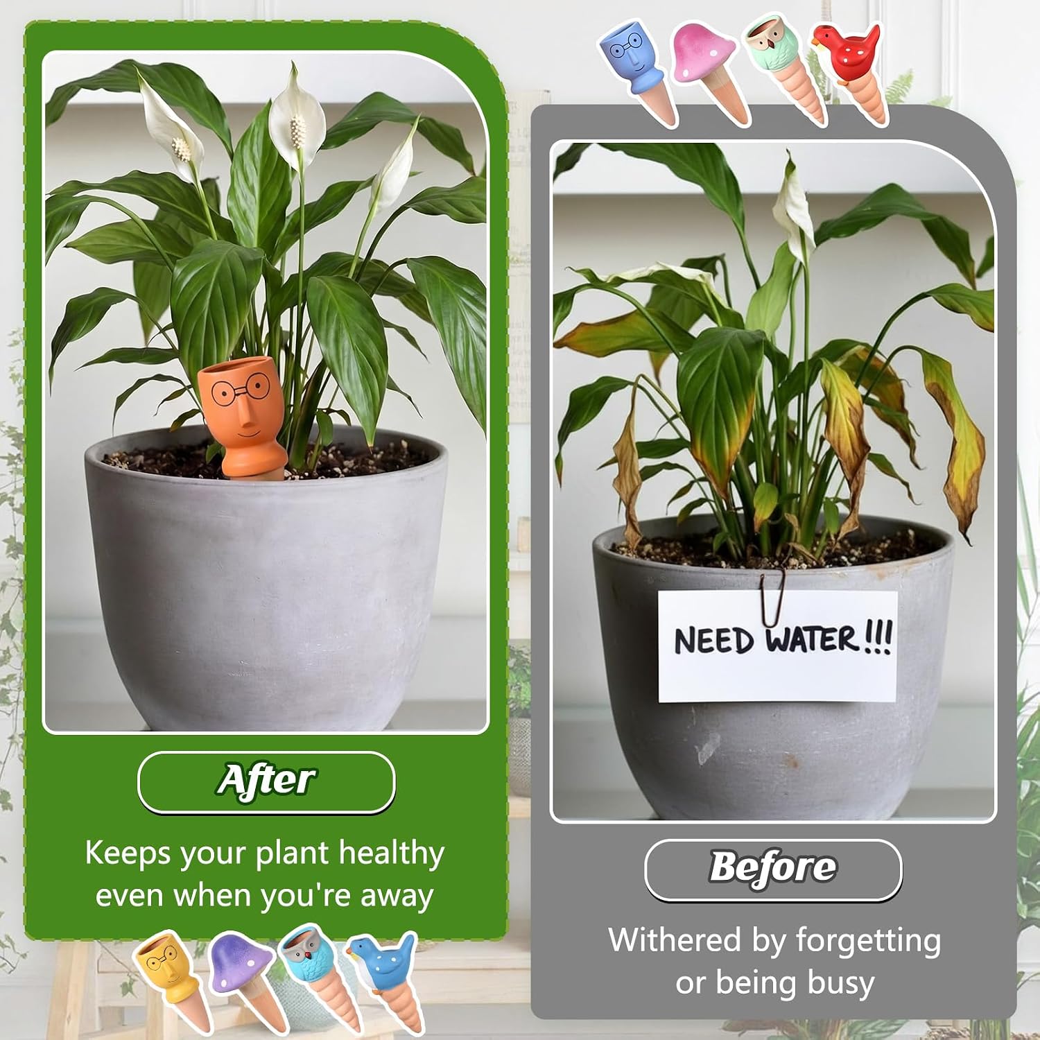 4 Pack Terracotta Plant Watering Devices, Self Watering Spikes, Mushroom, Bird, Head, Owl-Shaped, Automatic Insert