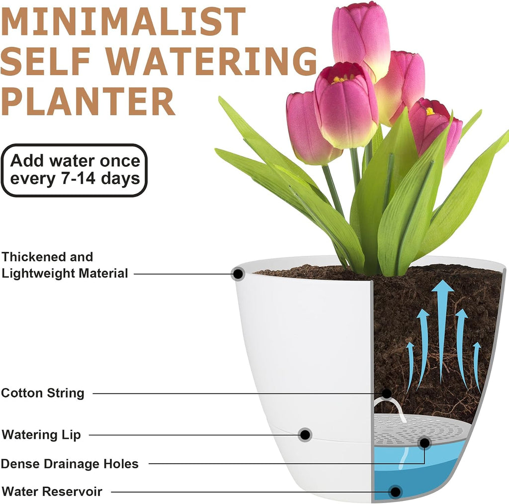 QRRICA Plant Pots 10/9/8/7.5/7 Inch Self Watering Pots, Set of 5 Plastic Planters with Drainage Holes and