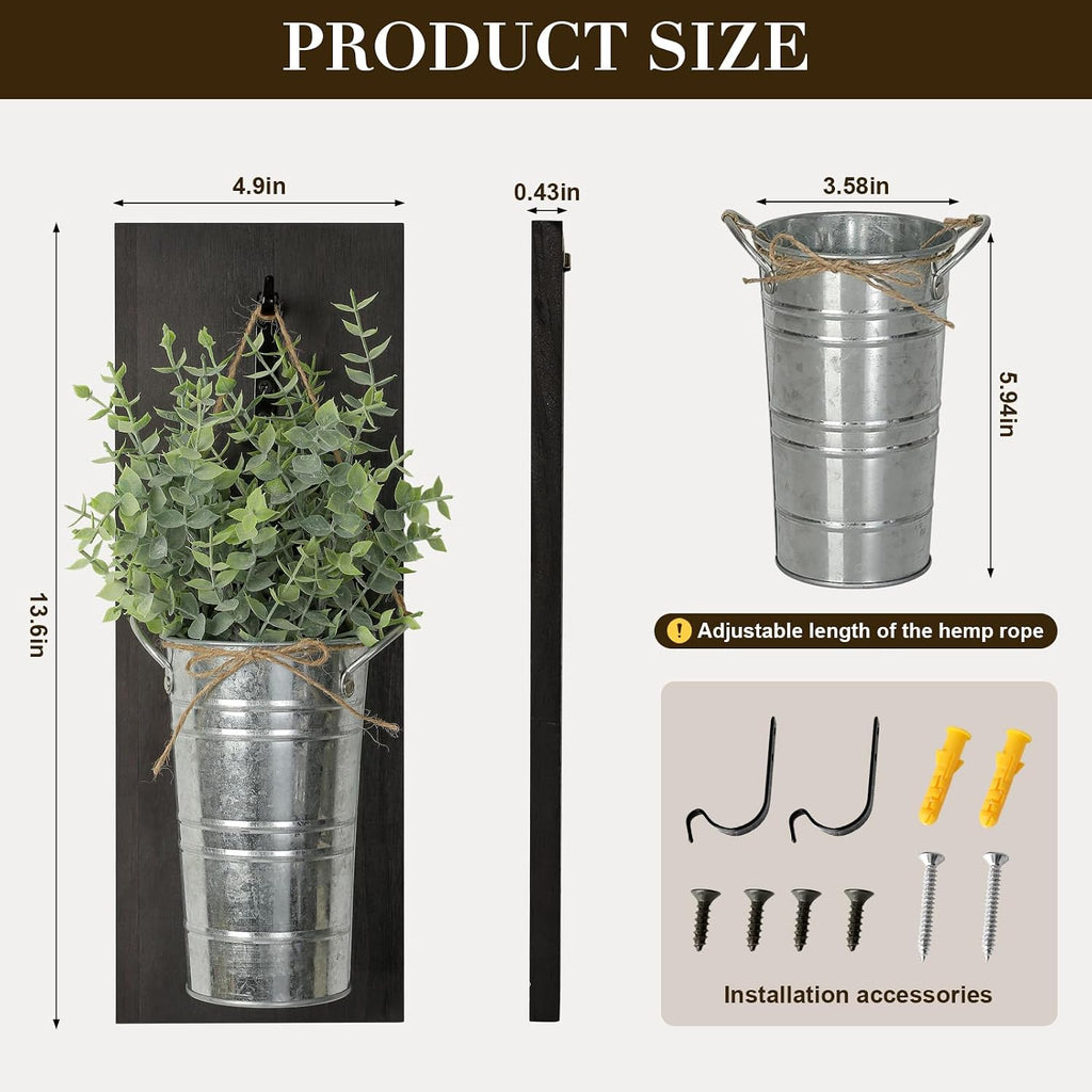 SHOHAYTO Farmhouse Wall Decor Set of 2 - Wood Hanging Planters with Artificial Eucalyptus, Rustic Vertical Pocket Vases