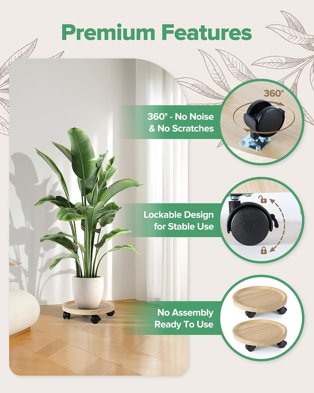 2 Pack Plant Caddy With Wheels, 12" Wood Rolling Plant Stand with 360° Lockable Wheels, Plant Stands Outdoor for Large