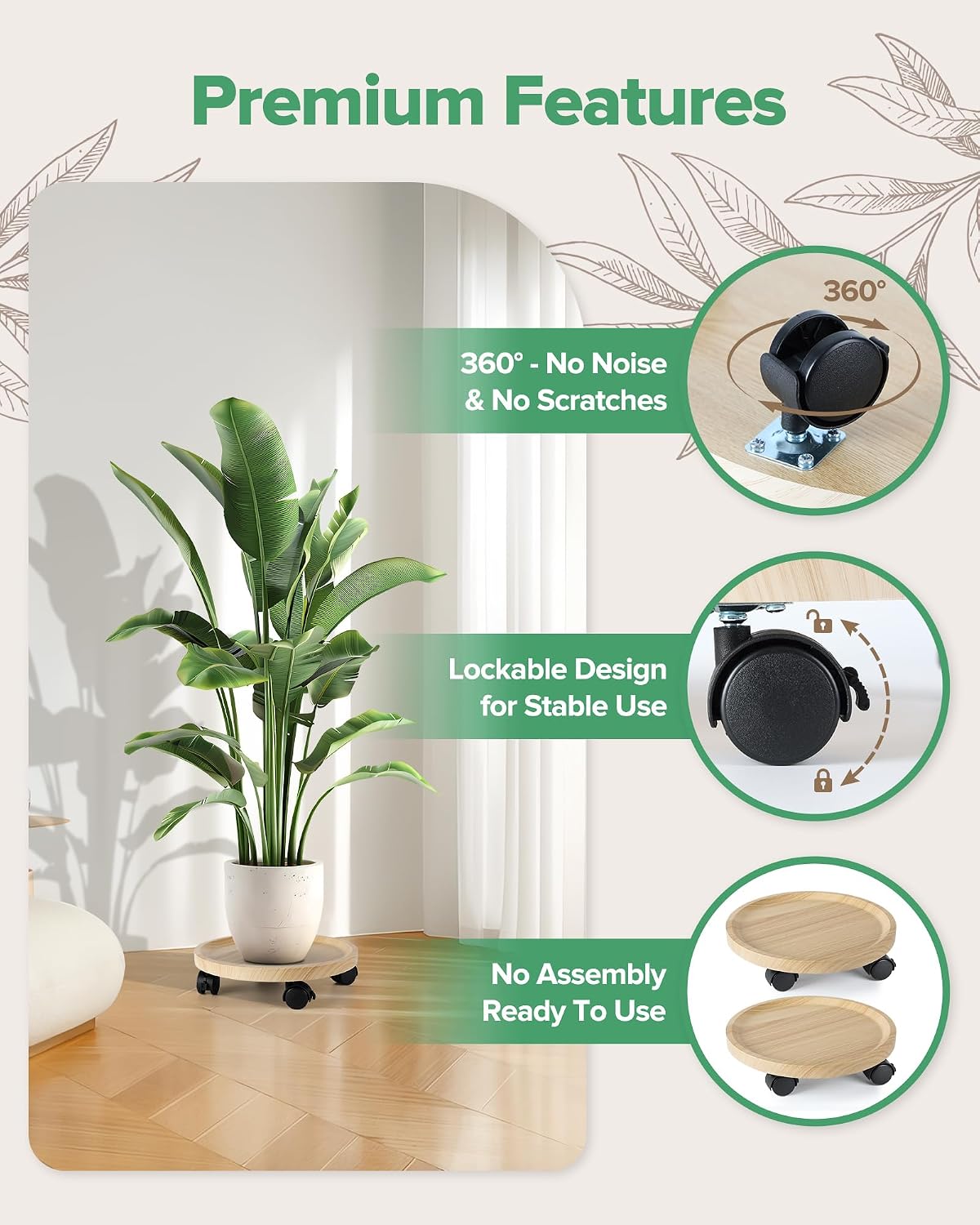 2 Pack Plant Caddy With Wheels, 12" Wood Rolling Plant Stand with 360° Lockable Wheels, Plant Stands Outdoor for Large