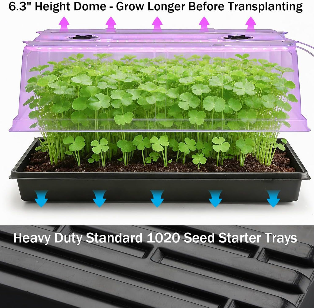 4-Pack 1020 Seed Starter Tray with Grow Light & 6.3" Tall Humidity Dome | Large Heavy Duty Plant Germination Kit for