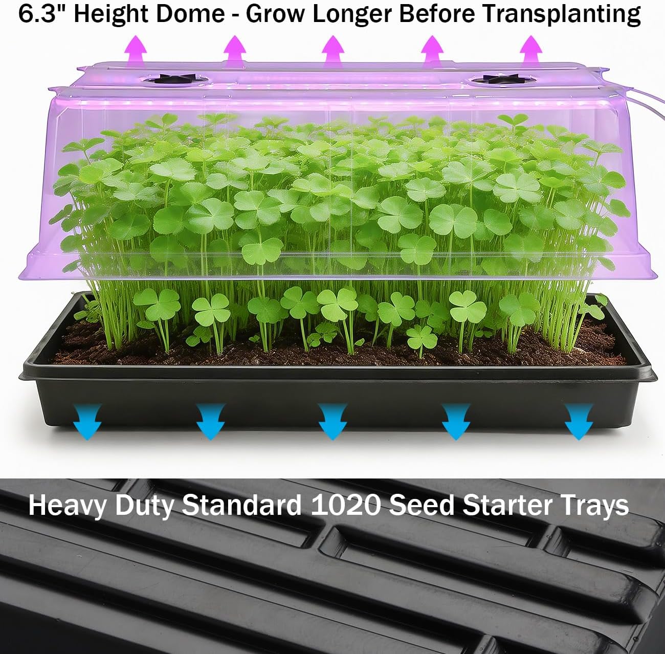 4-Pack 1020 Seed Starter Tray with Grow Light & 6.3" Tall Humidity Dome | Large Heavy Duty Plant Germination Kit for