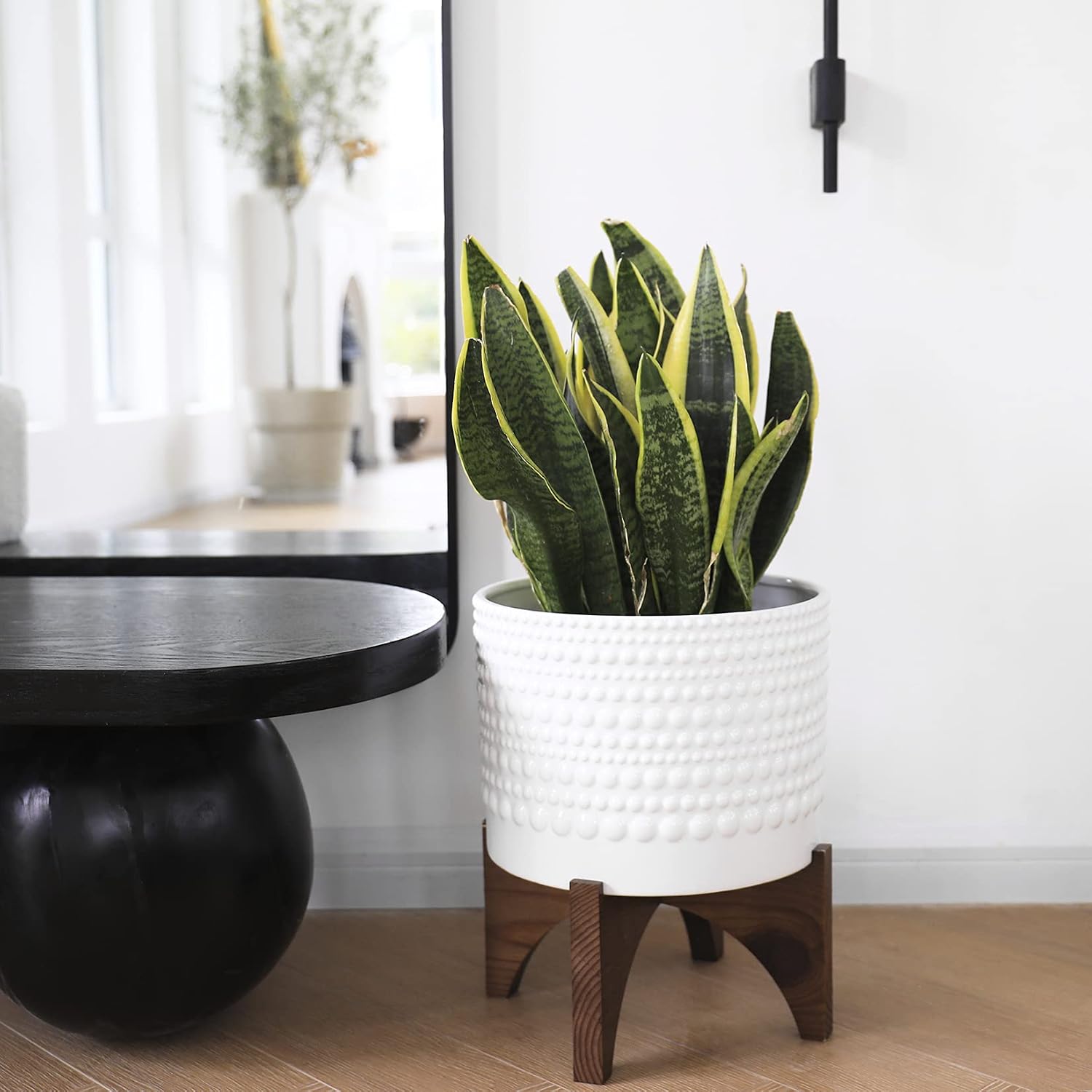 LA Jolie Muse Ceramic Pot for Plants, 8 Inch Indoor Planter with Stand | Hobnail Patterned Flower Pot with Wood Stand