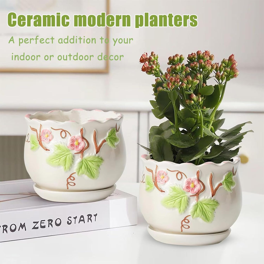 3 Piece Ceramic Plant Pots with Drainage Hole and Saucer,6.7/5.1/3.9inch,Modern Decorative Planters for Indoor