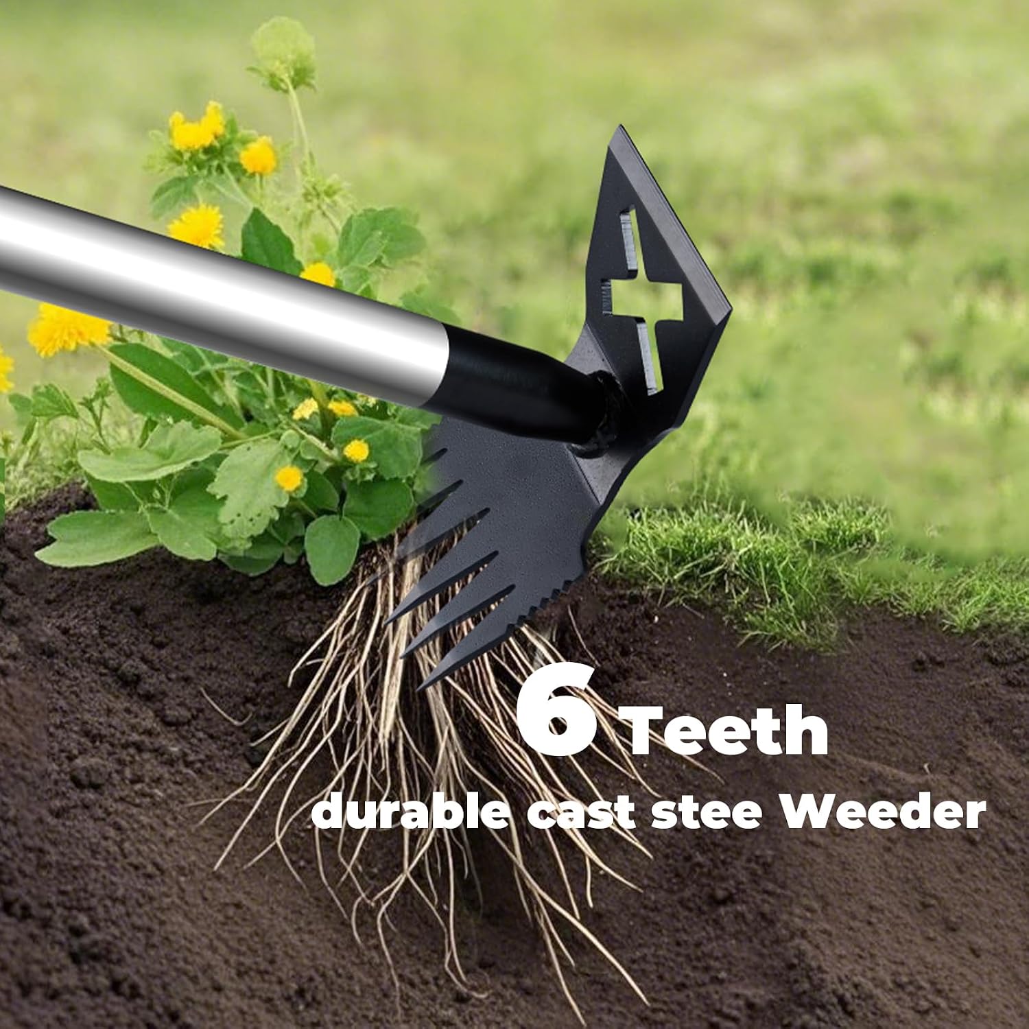 Weed Puller Tool with Long Handle, 60" Garden Weeding Tool | 2 in 1 Hoe and Weed Rake, Heavy Duty Steel Weeder, Manual
