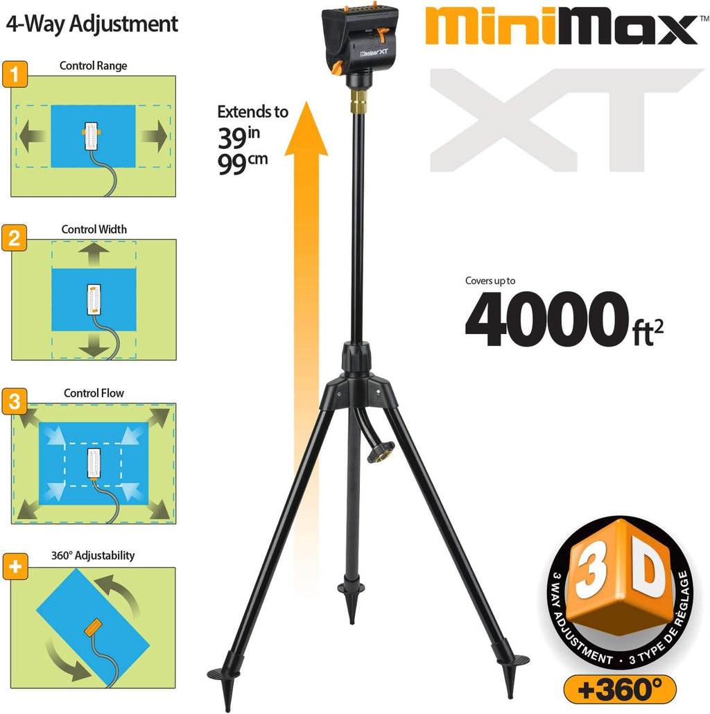 Melnor 65178AMZ MiniMax Turbo Oscillating Sprinkler on Tripod, 4000 sq. ft., 4-Way Adjustable, Quick Connect Bundle