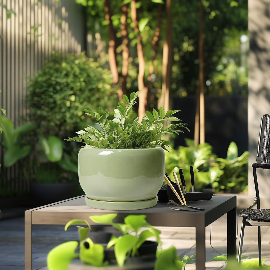 SQOWL Ceramic Planter - 10 Inch Pot for Plants Indoor Outdoor, Round Modern Flower Pot with Drainage Hole and Saucer