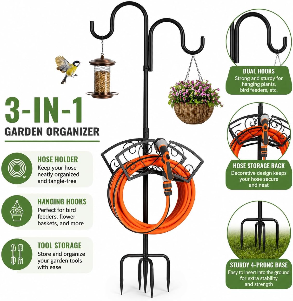 Garden Hose Holder, Freestanding Hose Stand for Outside, 150FT Hose Storage Organizer with 5-Prong Base and Shepherd