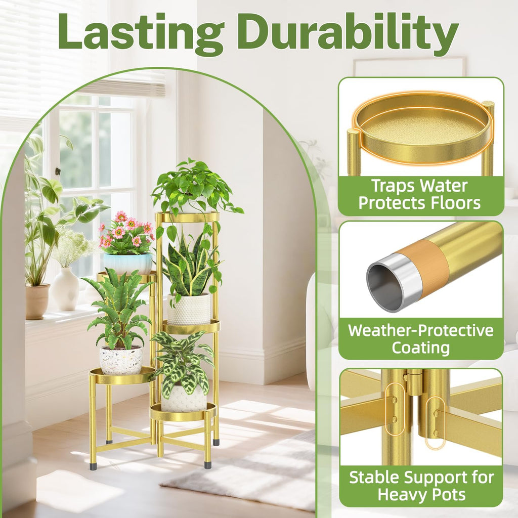 iDavosic.ly Plant Stand Indoor Outdoor, 5 Tier Metal Corner Shelf, Gold | Tiered Flower Display Holder, Folding Multi