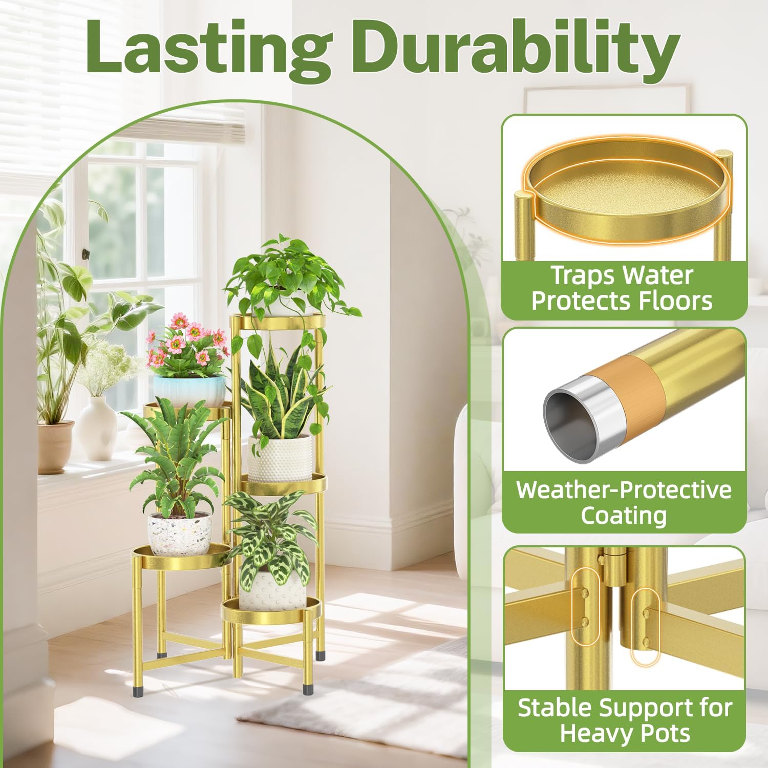 iDavosic.ly Plant Stand Indoor Outdoor, 5 Tier Metal Corner Shelf, Gold | Tiered Flower Display Holder, Folding Multi