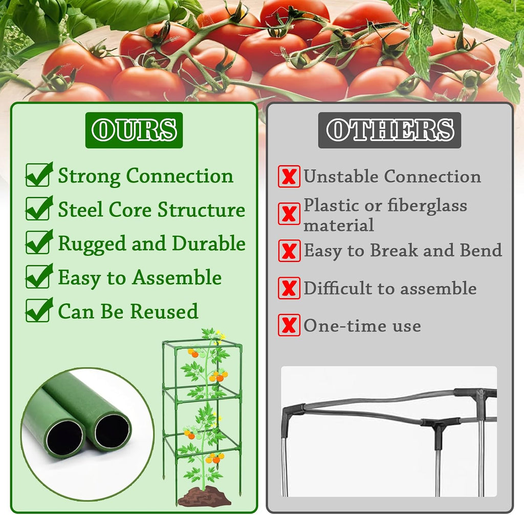 6 Pack 60 Inch Heavy Duty Tomato Cages for Garden with Clips | Square Tomato Trellis for Raised Garden Bed, Adjustable