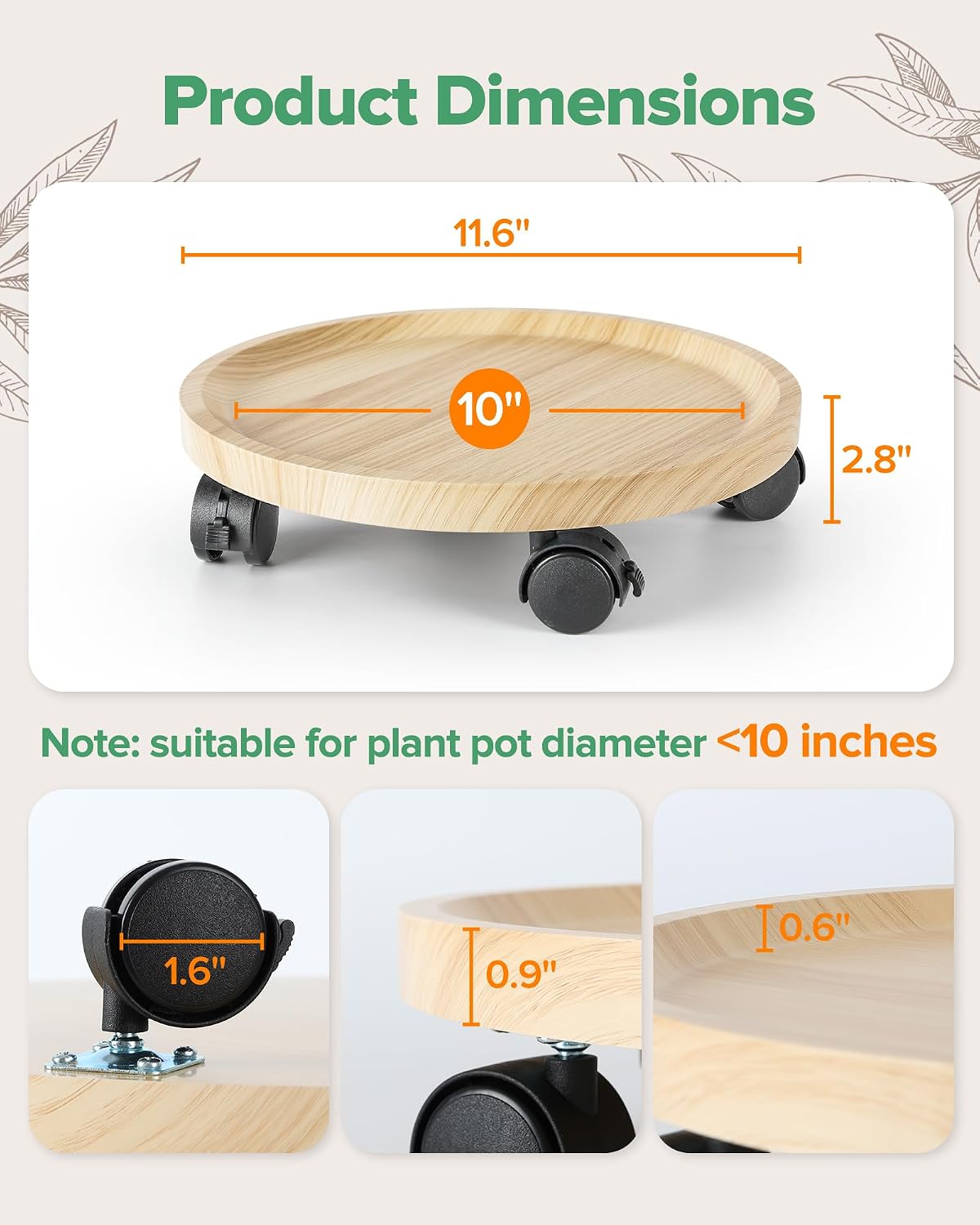 2 Pack Plant Caddy With Wheels, 12" Wood Rolling Plant Stand with 360° Lockable Wheels, Plant Stands Outdoor for Large
