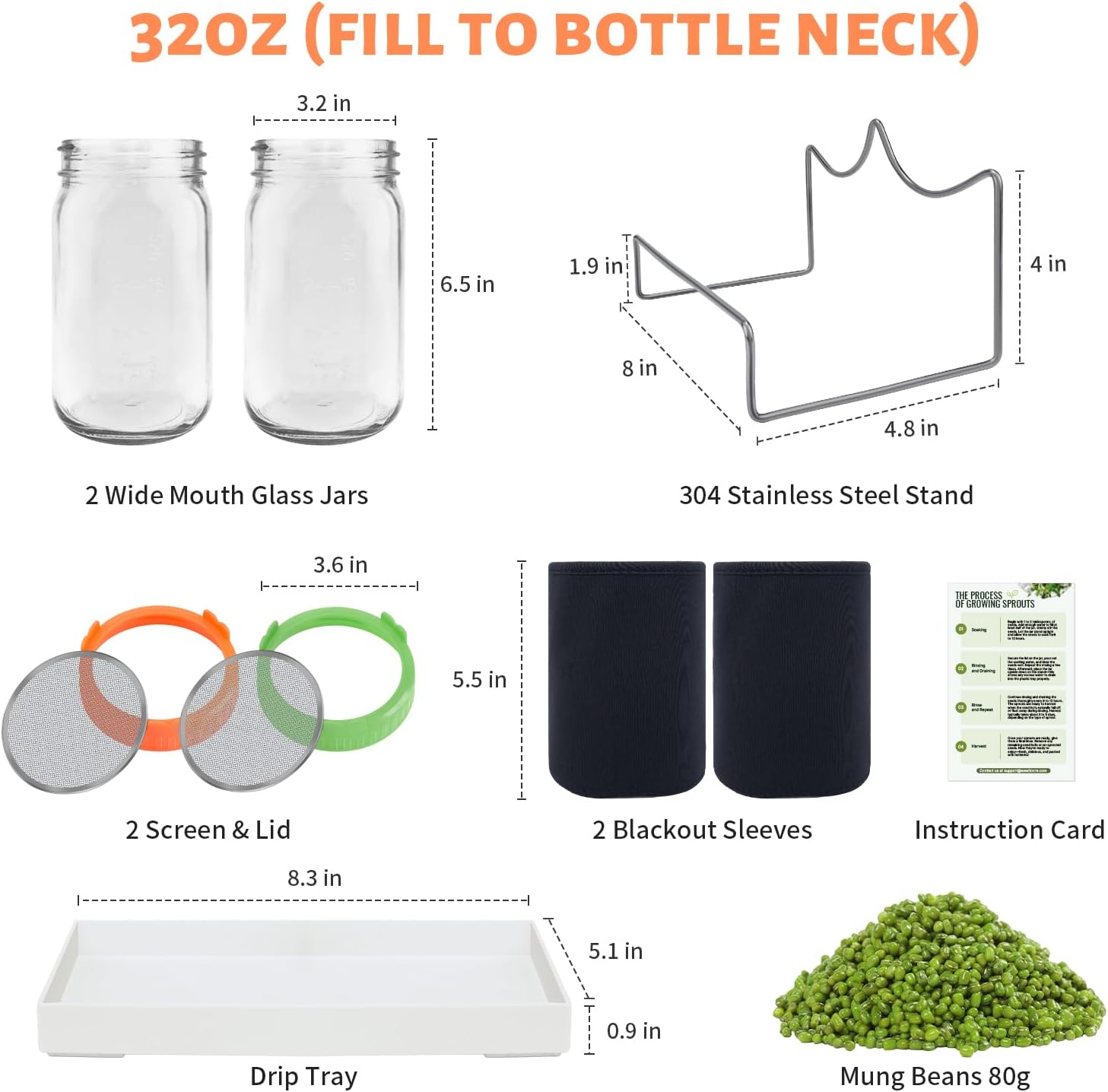 Seed Sprouting Jar Kit with Mung Beans 2.9oz, 2 Wide Mouth Mason Jars with Sprouting Lids, Drain Tray Blackout Sleeves