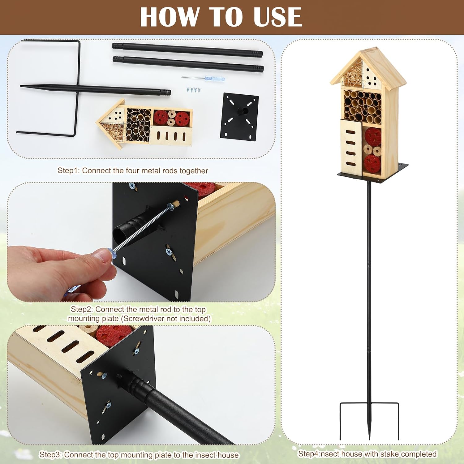 Novabright Wooden Insect House with Metal Stake Insect Hotel Bee House Natural Bug Habitat for Bee Butterfly Ladybirds