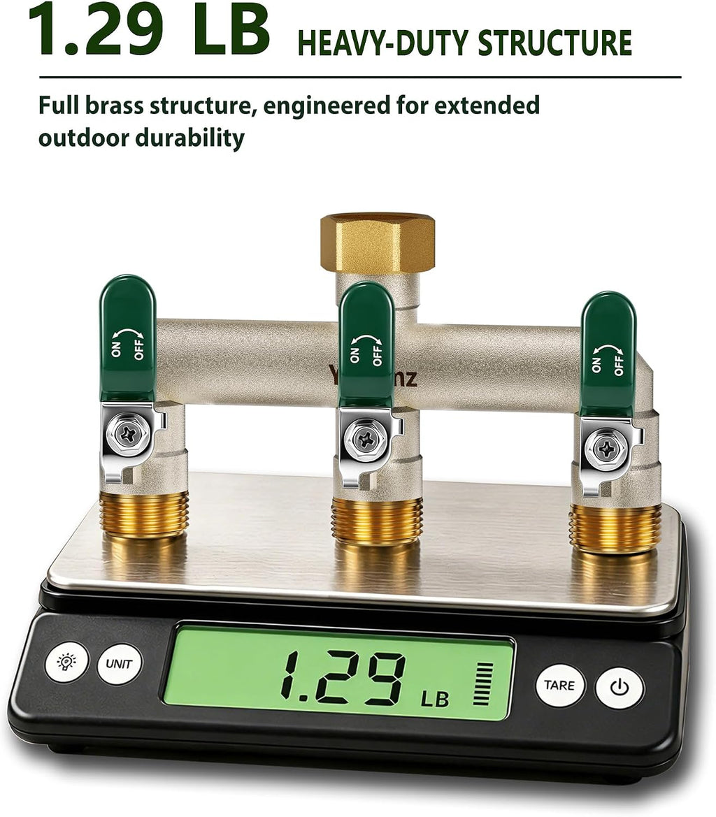 3 Way Garden Hose Splitter, 3/4" GHT Full Flow Hose Splitter | One-Piece Heavy Duty Full Brass Body with Shut-off