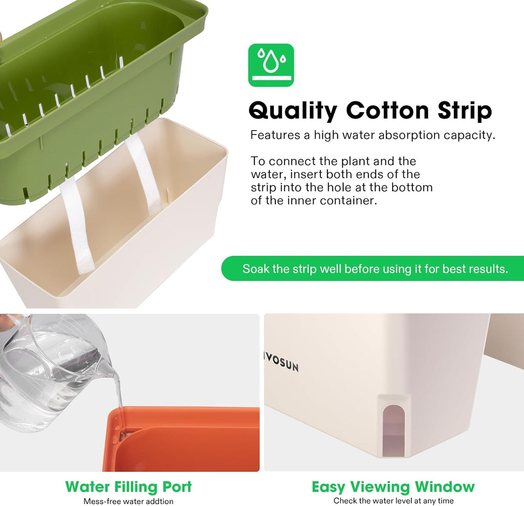 VIVOSUN Self-Watering Planters, 4-Pack 10.5 in Window Herb Planter Box | Compact Rectangular Planter Box with 10 PCS