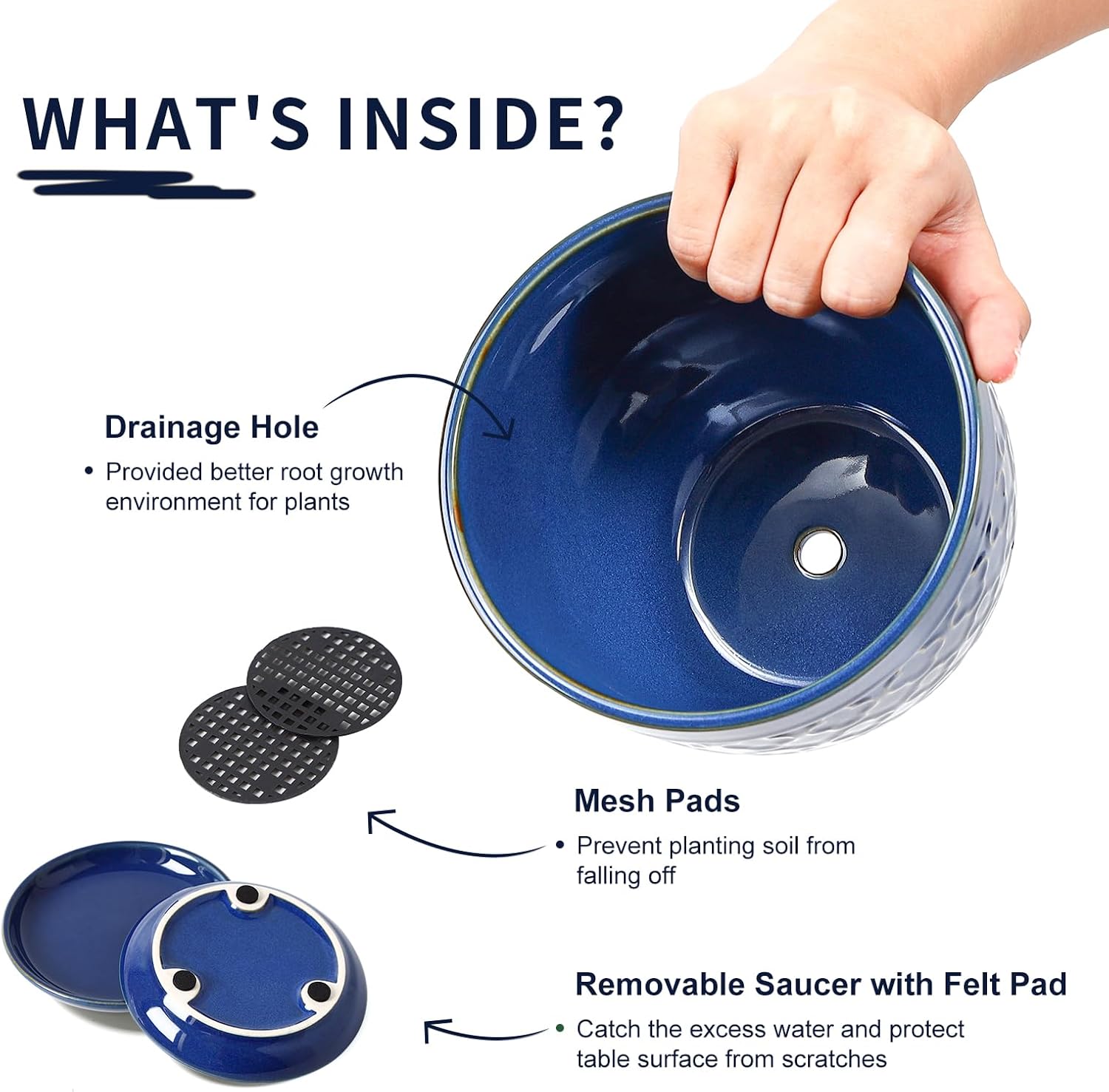 Sureasy Ceramic Indoor Plant Pots - 5.6 Inch Flower Pots for Plants with Drainage Hole and Saucer, Embossed Planter for