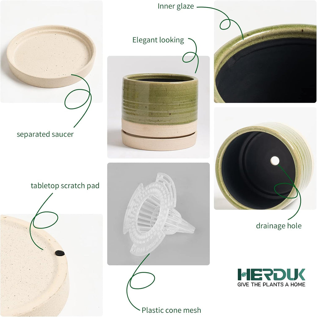 HERDUK 6 Inch Plant Pots, Ceramic Planter Pot with Drainage Hole & Saucer, Indoor/Outdoor Cylinder Round Planter Pot