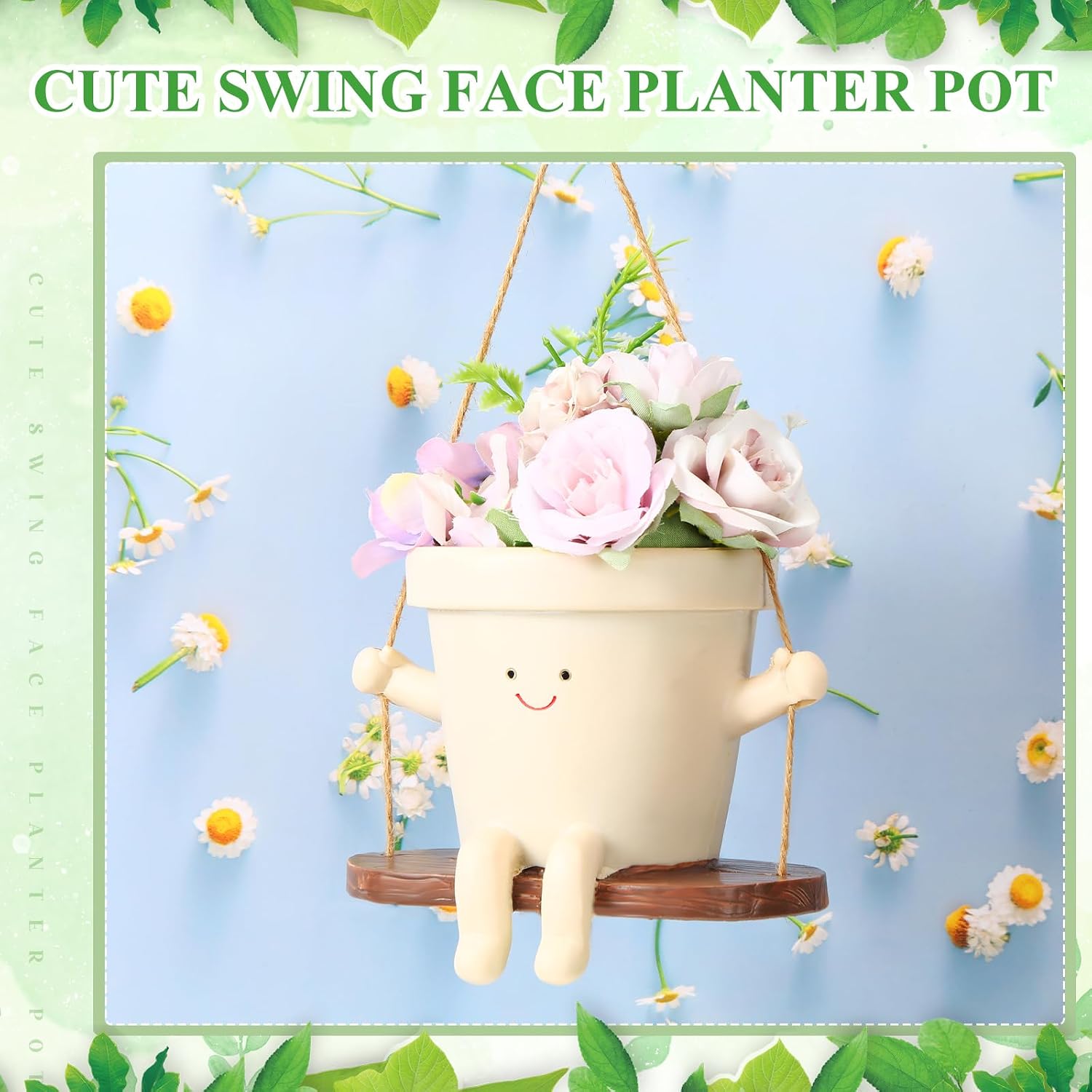 Nuogo 3 Pack Hanging Swing Chair Planter Pots Cute Wall Hanging Planter Pot Swing Face Pot with Drainage Holes Head
