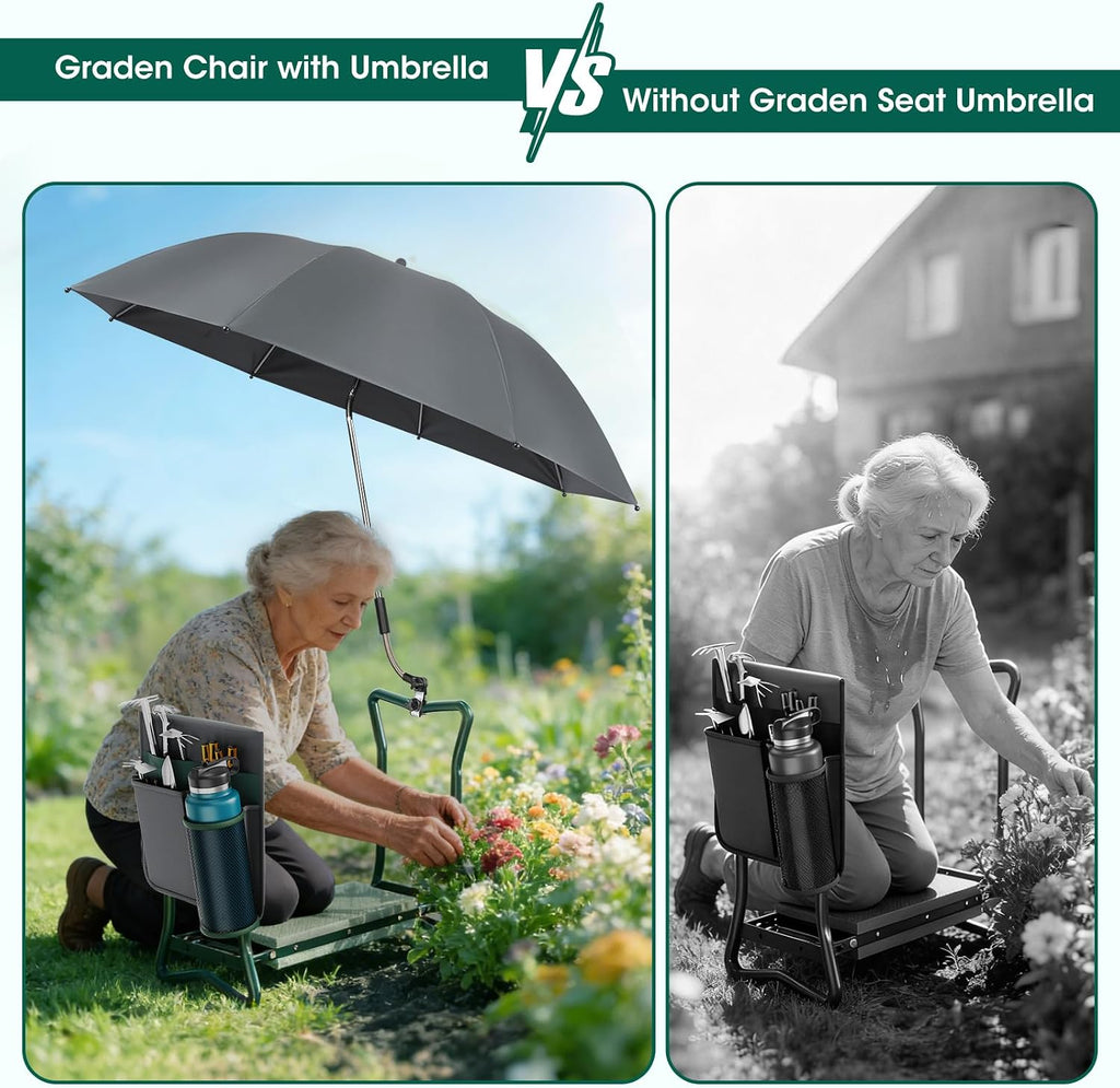 OAOA innovation 2-in-1 Garden Kneeler with Umbrella, Kneeling Bench & Grey Umbrella, Portable Stool 330lb Capacity