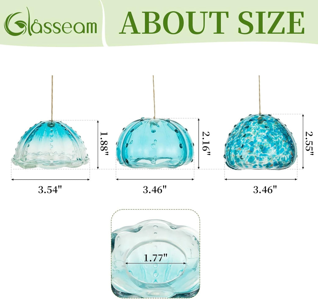 Glasseam Glass Jellyfish Decor, 3 Pcs Hanging Air Plant Holders with Jute | Tillandsia Houseplants Display, Ocean Blue