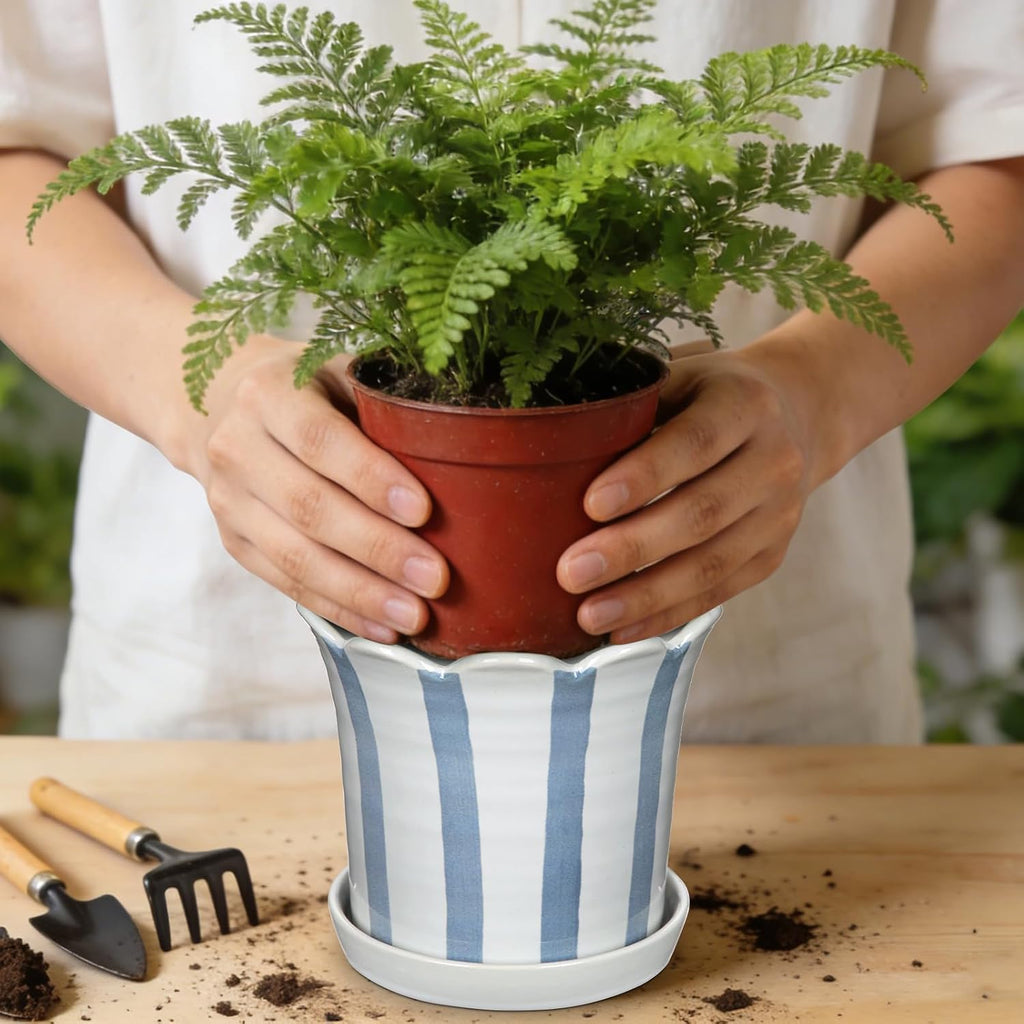 Ceramic Plant Pots, 5.8 Inch Planter Pot with Drainage Hole and Sauser, Stripe Ceramic Planters with Floral Edge for