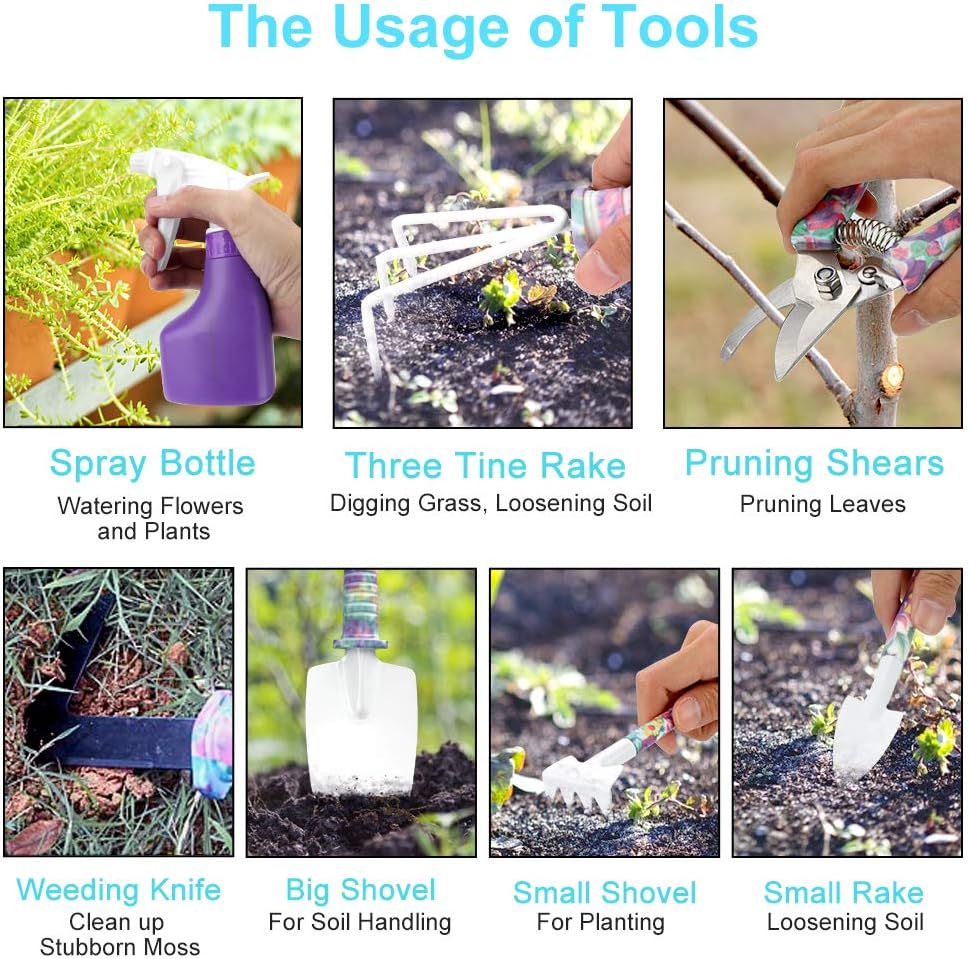 Jhua Garden Tool Set, 10 Pieces Gardening Tools Kit with Purple Flower Print, Ergonomic Handle Trowel Rake Weeder