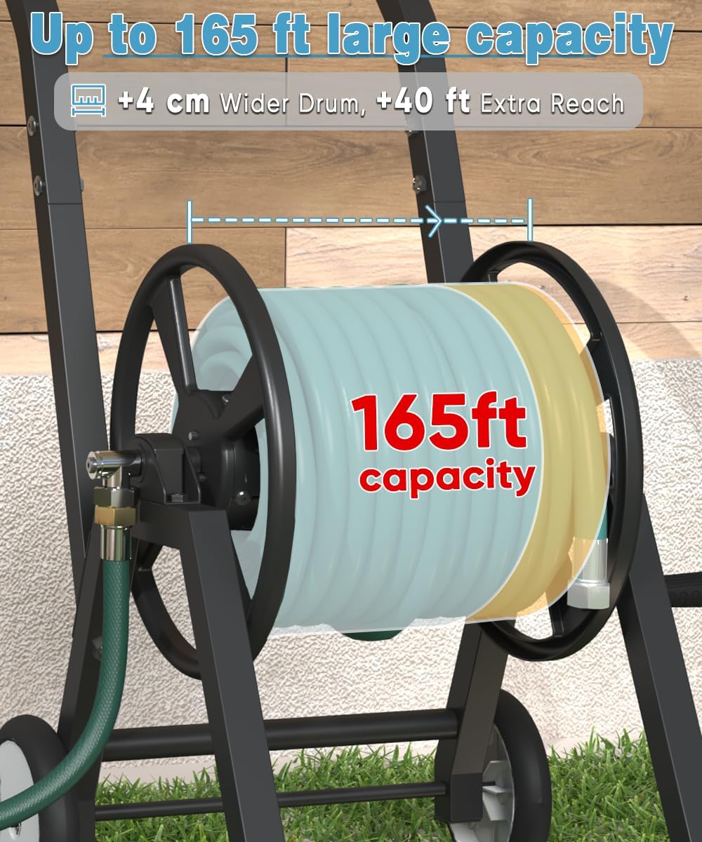 Garden Hose Reel Cart with Wheels, Holds 165 ft of 5/8’’ Hose Outdoor Heavy Duty Powder-coated Steel Water Storage